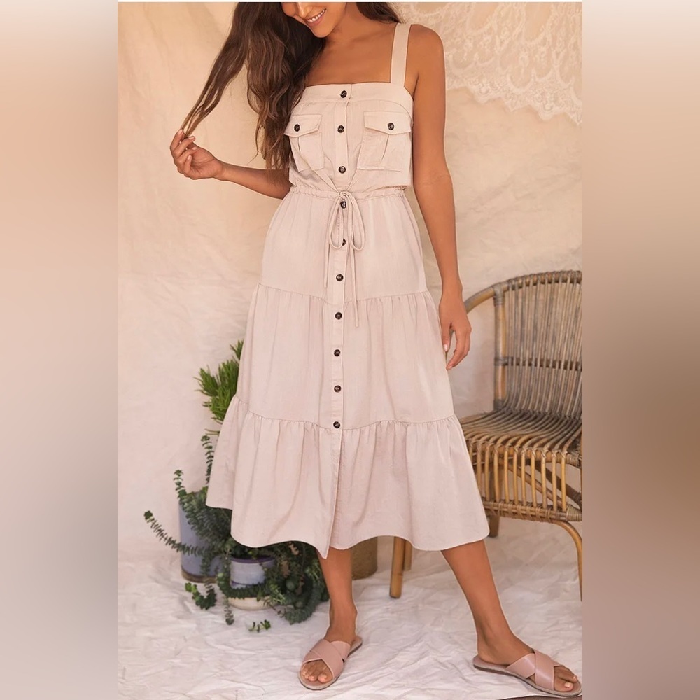 Evening Sun Beige Button-Up Tiered Midi Dress, Size S